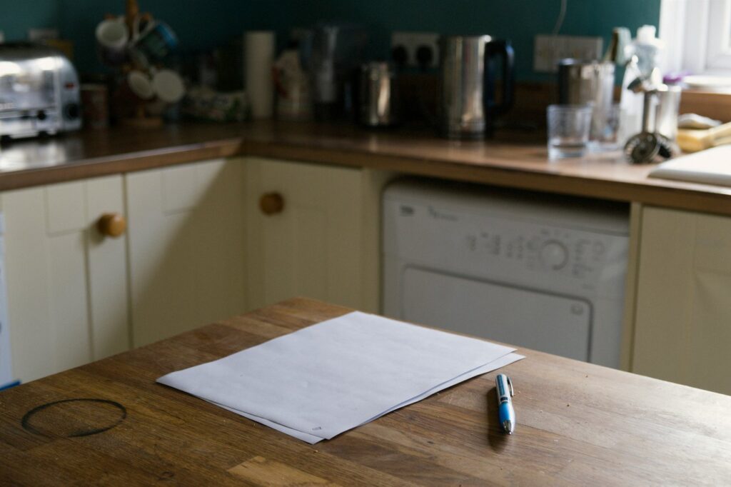 Blank papers and a pen on a wooden kitchen table, the starting point for spousal maintenance in a Washington divorce
